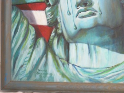 絵画 9.11？ oil painting 9/11 Flag Liberty Statue Twin Towers signed American