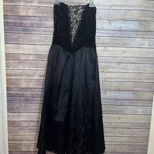 Vintage 90's Strapless Tea Length Black Formal Dress Size 9/10 Satin Velvet Lace