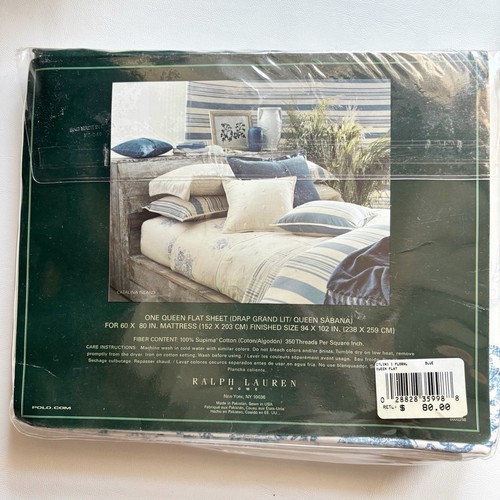RALPH LAUREN Catalina Island Blue Floral QUEEN Flat Sheet 100% Cotton VTG NOS - Picture 4 of 6