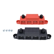 Pair Red & Black 3/8" 4 Stud Power Distribution Block Busbar With Cover M10