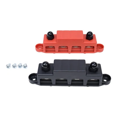 FAMFUTR Pair Red & Black 3/8" 4 Stud Power Distribution Block Busbar With Cover M10