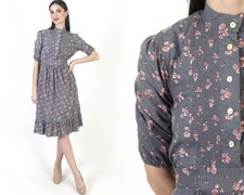 Vintage Calico Floral Prairie Dress Cottagecore Peasant Knee Length Country Boho