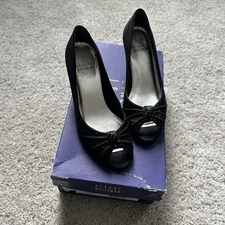 Stuart Weitzman Black Silk Black Rhinestones Open Toe Heels Pumps Size 4