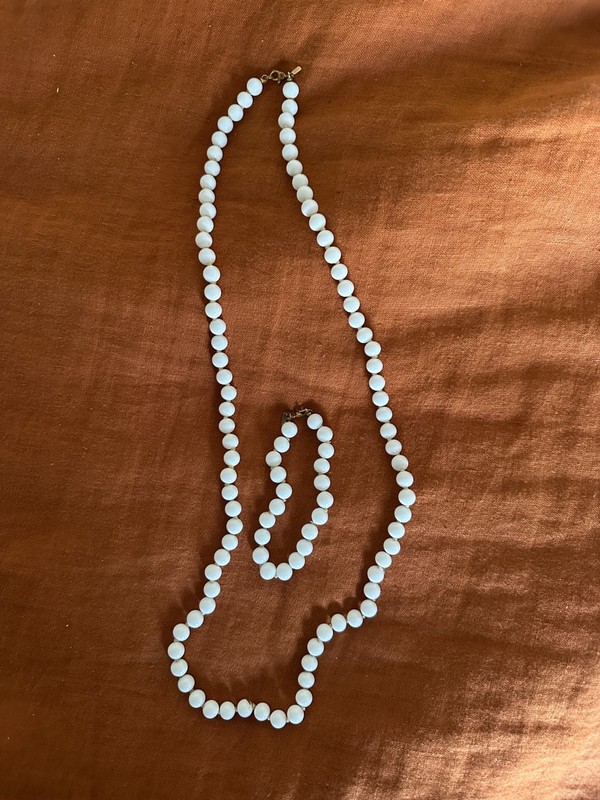Vintage Monet Long and Knotted White Milk Glass Beaded Necklace and Bracelet Set