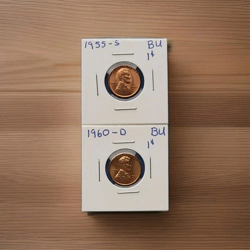 🚨 LOT OF (2) 1955-S 1960-D LINCOLN CENT WHEAT & MEMORIAL PENNY BRILLIANTLY UNC