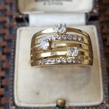 Gold Plated Wide Multi Row Band Ring Sterling Silver Clear Topaz Jewels Size R