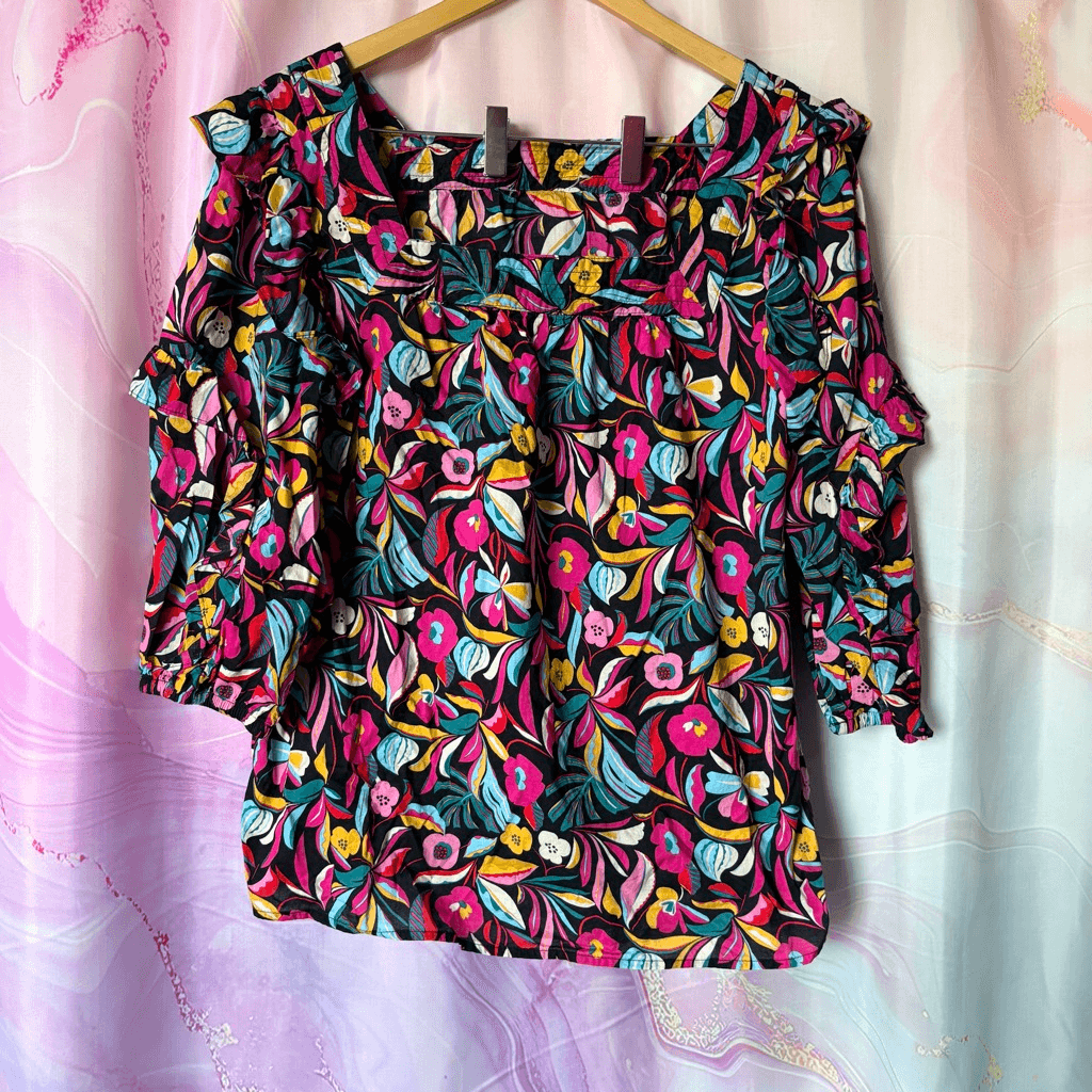 Black Pink Abstract Floral Ruffled 3/4 Sleeve Blouse Square Neck Artsy ...