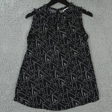 Ann Taylor LOFT Shirt Womens XS Black White Heart AOP Ruffled Keyhole Sleeveless