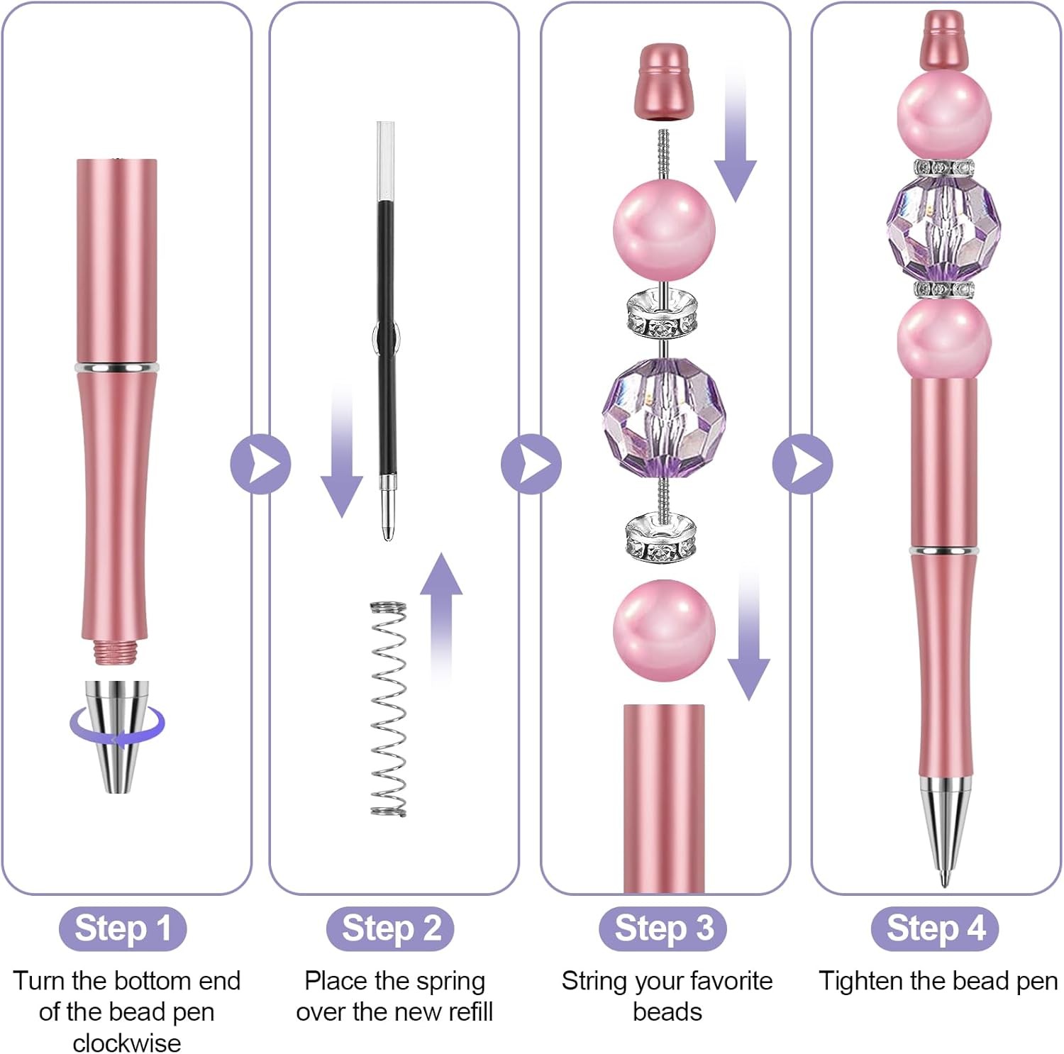 15 PCS Beadable Pens, Beadable Pens Bulk Colored Plastic, Black Ink Beaded Pens