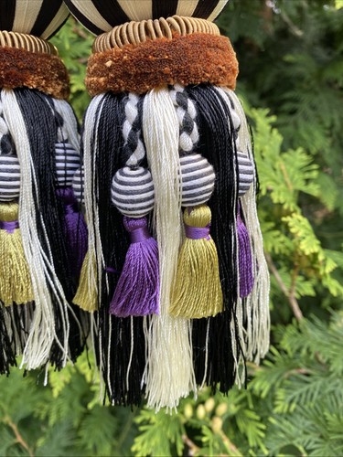 2 MacKenzie-Childs Bibelot Tassels Courtly Check Stripe Curtains Tie Back Pair - Picture 8 of 14