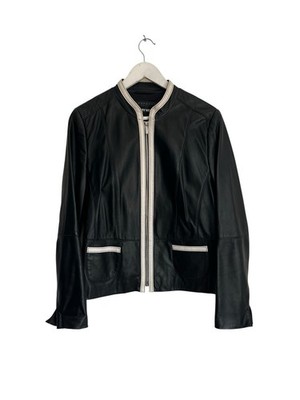 Gerry Weber schwarze Lederjacke durchgehender Reißverschluss weißer Besatz Designer Größe 12 14