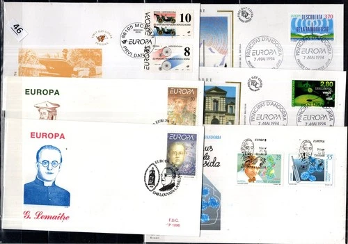 / ANDORRA, BOSNIA AND HERZEGOVINA, BELGIUM 1994 - 6 FDC - SPACE, CARS, MEDICINE
