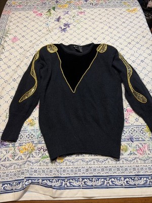 Vintage 80s Black With Gold Appliqué Silk Angora Mix Sweater I B Diffusions Smal