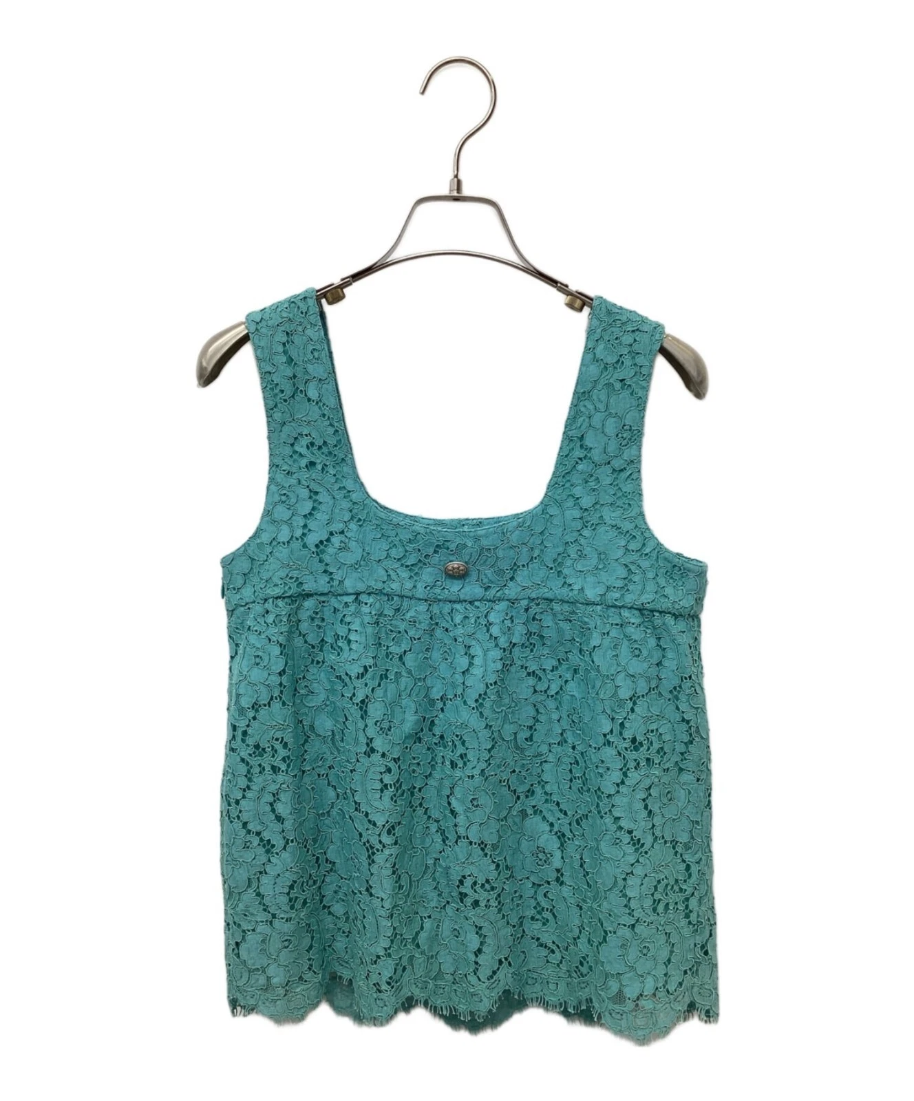 Chanel — CHANEL Authentic Women's Sleeveless Shirt All-lace Top Light Green Logo Button