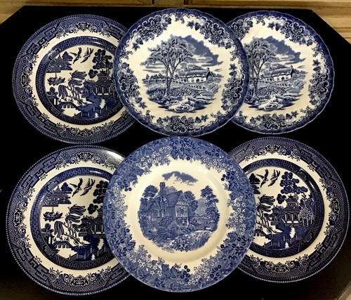 6 English Staffordshire Mix-Match Blue Transferware Accent Salad Dessert Plates - Picture 2 of 12