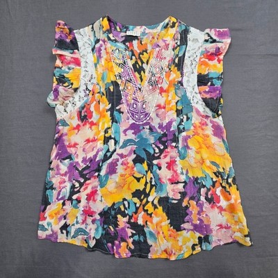 Spense Medium Sleeveless V-Neck Floral Blouse Multicolor Lace Trim Romantic