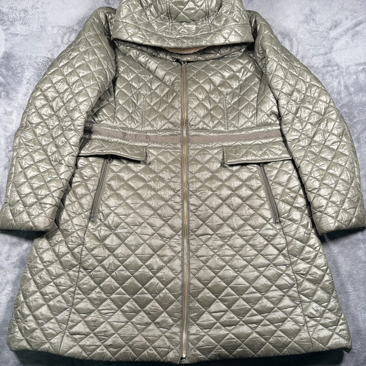 Kate Spade New York Quilted Jacket Womens XL Green Hooded Cozy