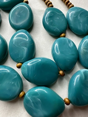 Boho Blue Bead Necklace Wood Bead Accents Marbled Design Free Spirit - Picture 3 of 8