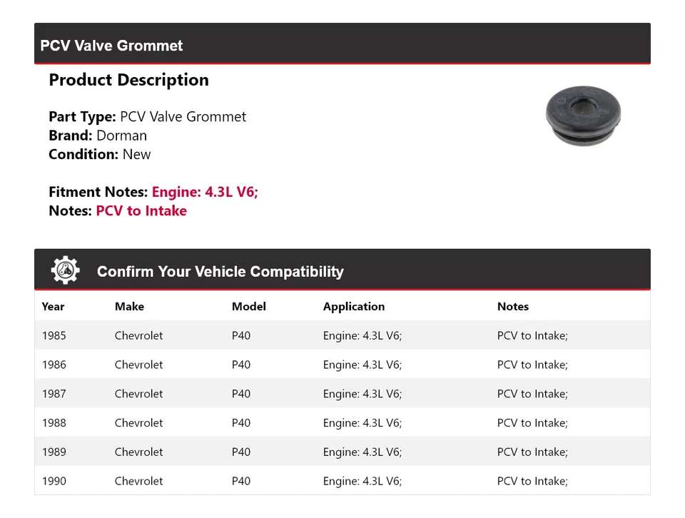 Para 1985-1990 Chevrolet P40 4.3L V6 Dorman PCV válvula ilhó 1986 1987 1988 1989 - Imagem 2 de 4
