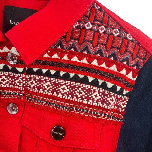 Chaqueta vaquera recortada denigual roja bordada EE. UU. 6 nueva - Imagen 13 de 14