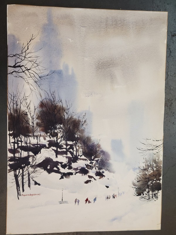 Vintage Bogomir Bogdanovic Watercolor of Central Park in New York 31 x 22 "