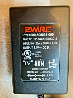 2Wire GPUSW0512000GD1S AC Power Supply Adapter Charger Cord Output 5.1 V DC 2 A