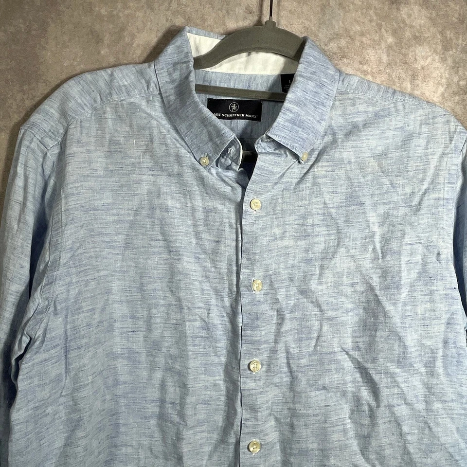 Camisa Hart Schaffner Marx Para Hombre Grande Azul Lino Mezcla Algodón Mangas Largas Informal Foto 2 de 4