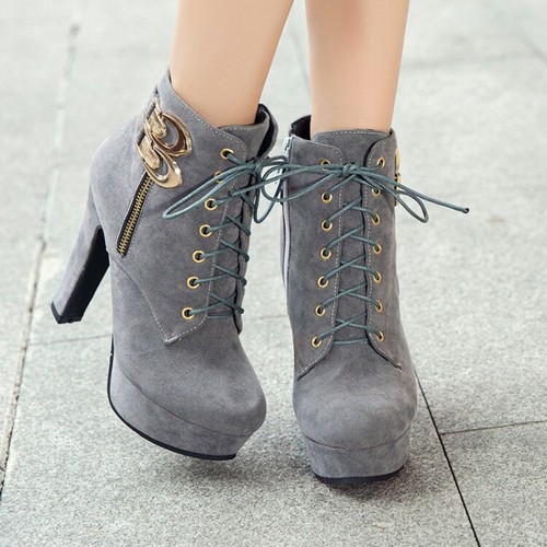 Lady Faux Suede Platform Boots Lace Up Block High Heel Ankle Boots Side Zipper` - Picture 8 of 27