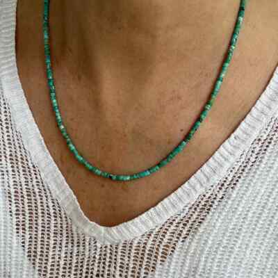 Tiny Micro 3mm Kingman Turquoise Beaded Necklace, Turquoise Heishi Bead Necklace