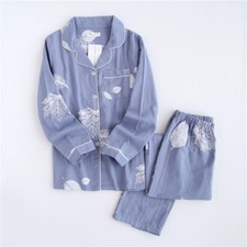 Korea Print Leaf Pajama Set Women 100 Gauze Cotton Long Sleeve Casual Sleepwear