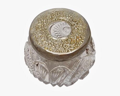 Antique Art Nouveau Cut Glass Vanity Jar Hair Receiver Metal Repousse Floral Lid - Picture 2 of 4