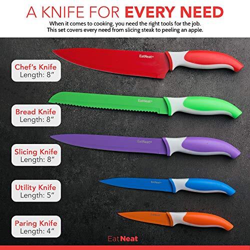 Kitchen Knife Set - 5 Colored Knives with Sheaths, Cutting Board & Sharpener - Picture 2 of 8
