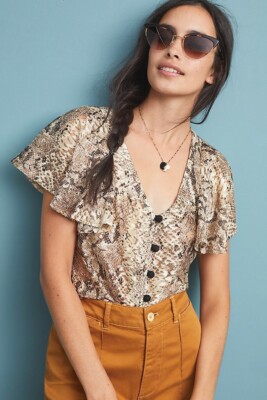 Eva Franco Willow Snake Printed Blouse Python Top Shirt Brown Beige Sz S
