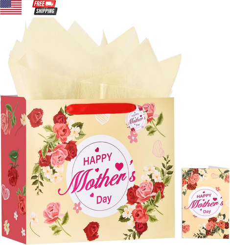 13" Mothers Day Gift Bags with Greeting Card and Tissue Paper for Woman, Moms, G