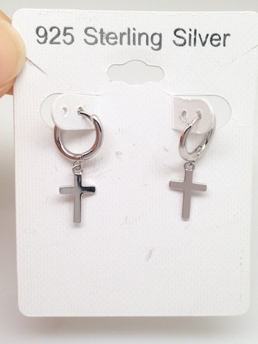 Plain Silver Cross Dangle Huggie Hoop Earrings 925 Sterling Silver 24mm/ 10.5mm - Picture 4 of 10