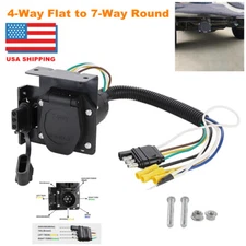 4-Way Flat to 7-Way Round RV Blade Trailer Adapter Reverse Plug Cable w/ Bracket