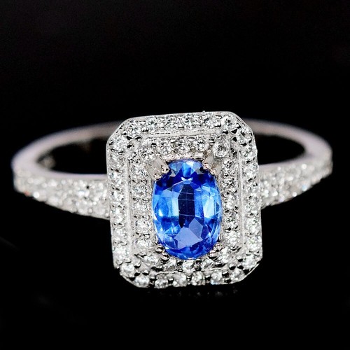 925 STELRING SILVER RING NATURAL BLUE KYANITE OVAL UNHEATED & WHITE CZ SIZE 7