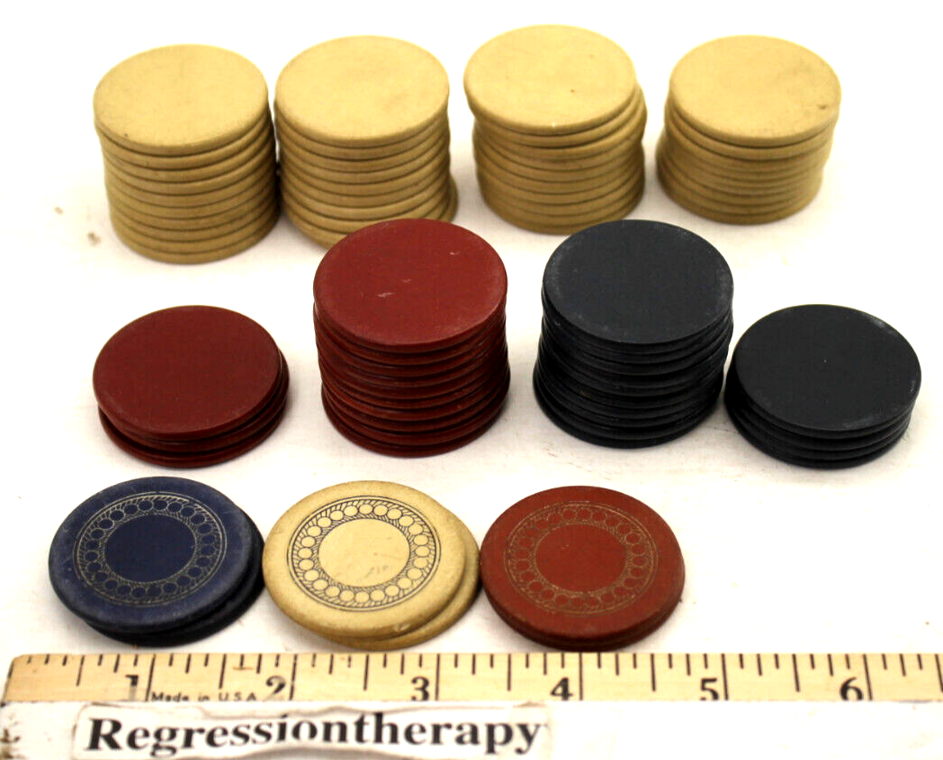 71pc Antique Clay Poker Chips Red White Blue Gambling Gaming