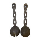 Carved Wood Primitive Salad Spoon & Fork Serving Pieces Twisted Handles 12"
