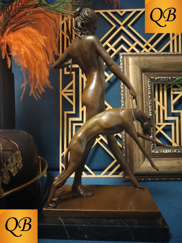 ART DECO BRONCE DIANA & HOUND ESTATUILLA ESCULTURA ESTATUA FIRMADA DAMA DESNUDA FIGURA Foto 3 de 4