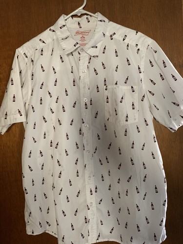 Budweiser Bottle Print Button Up Shirt Size XL Hawaiian Style 100% Cotton - Picture 6 of 6