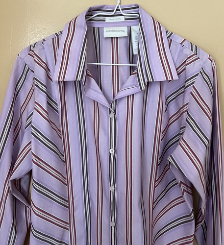 Camisa Liz Claiborne Elegante con Cuello con Botones Mangas Largas a Rayas Talla 8 Sin Hierro - Imagen 2 de 4
