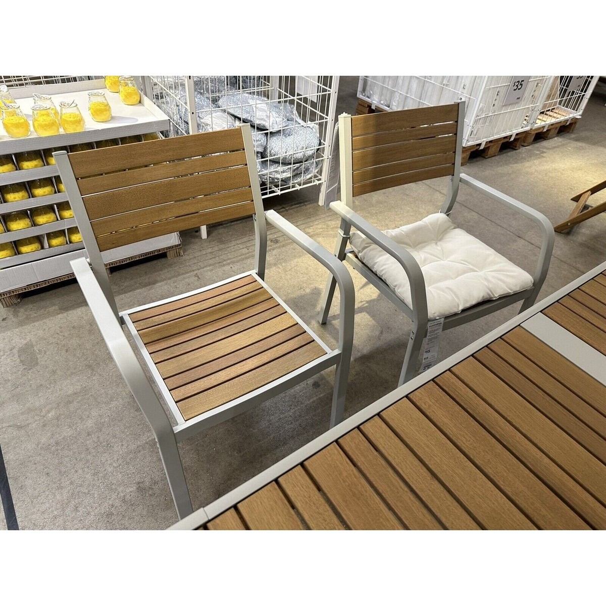 One IKEA SJÄLLAND Outdoor Armchairs in Light Gray & Light One IKEA SJÄLLAND Outdoor Armchairs in Light Gray & Light