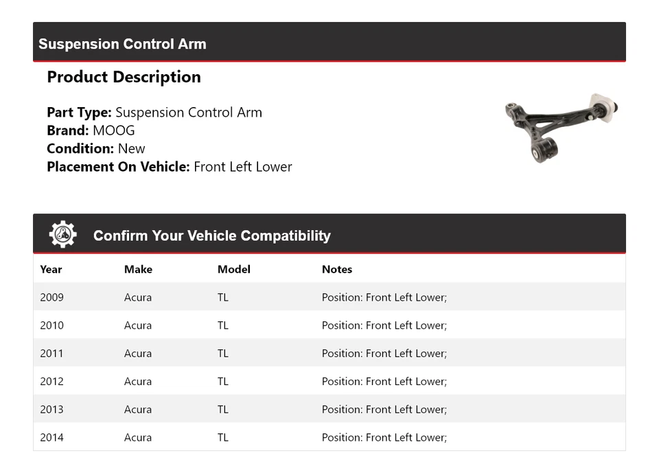 Brazo de control de suspensión delantero izquierdo inferior MOOG 2009-2014 para Acura TL 2009-2014 Foto 2 de 4