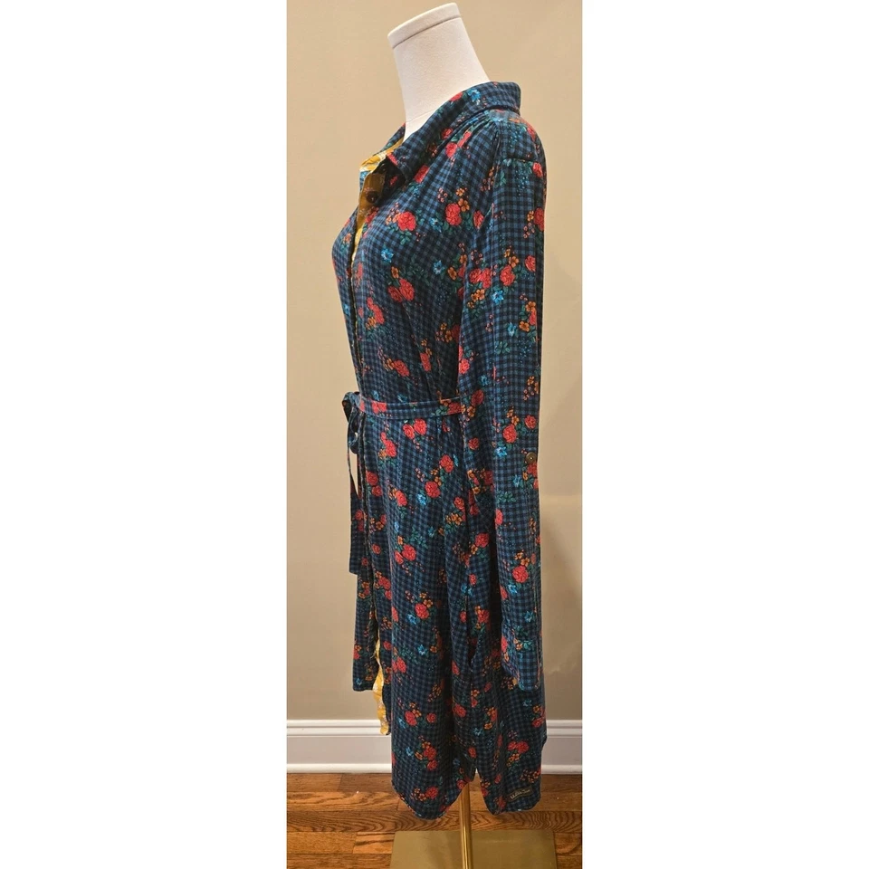 Camisa Matilda Jane Azul Guinga Vestido Cuello Corbata Bolsillos Rojo Floral Rayón XL Foto 3 de 4