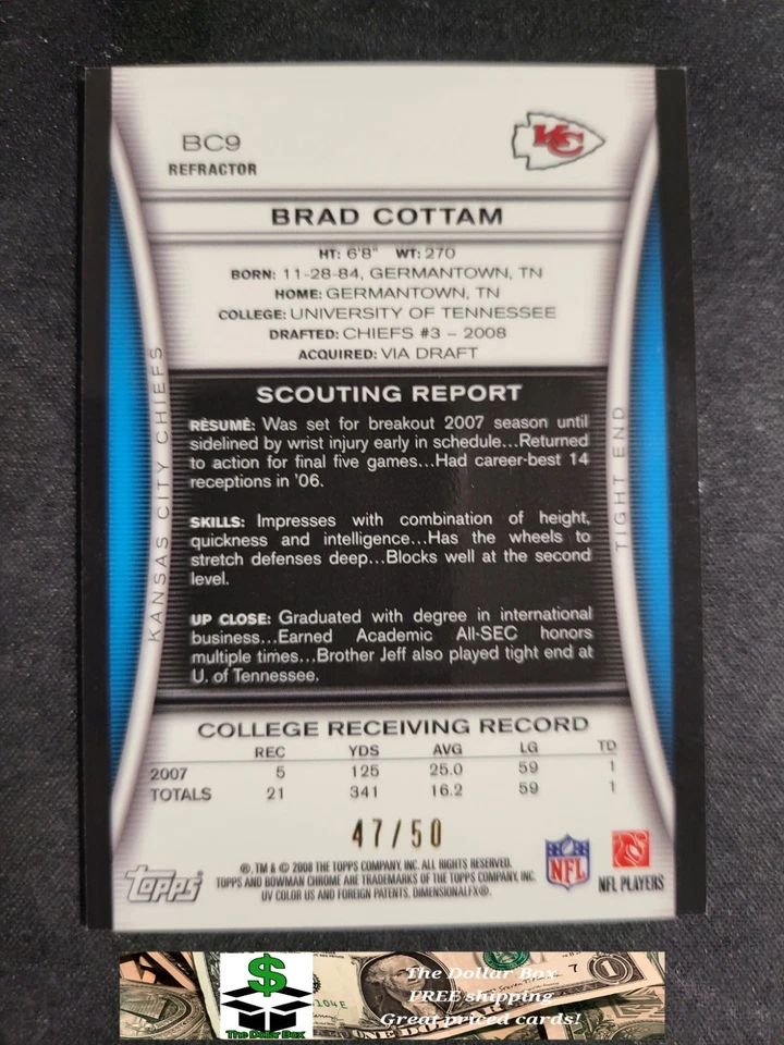 2008 Bowman Chrome Brad Cottam GOLD REFRACTOR /50 Card #BC9 Chiefs - Image 2 of 3