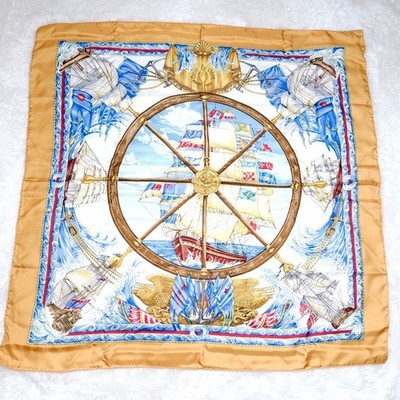 Hermes VIVE LE VENT Silk Scarf Large 90x90cm Ship Compass Pattern Yellow France