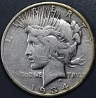 1934-S $1 PEACE SILVER DOLLAR KM# 150 Grade:  VG  A7926