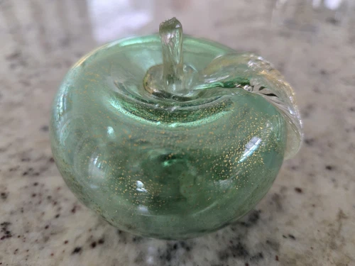 Vtg 1960s Murano Venetian art glass emerald green apple gold fleck stem, sticker
