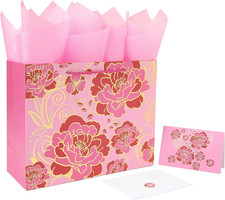 13" Large Rose Pink Gift Bag Set with Greeting Card and Tissue Paper Foil Traced